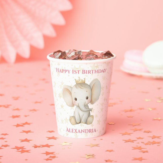 1st Birthday Personalized Princess Elephant Paper Cups (Insitu)