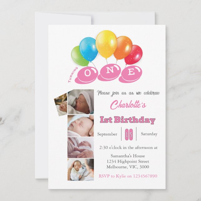 1st birthday photo collage number 1 Girl Invitation (Front)