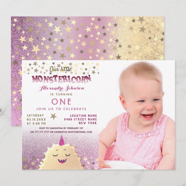 1st Birthday Photo Girl Little Monster Invitation (Front/Back)