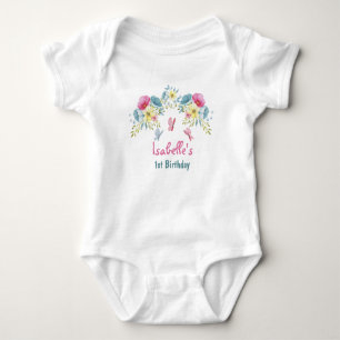1st Birthday Pink Blue Butterflies and Flowers Baby Bodysuit