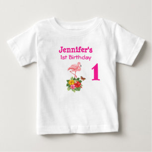 1st Birthday Pink Flamingo & Tropical Hibiscus Baby T-Shirt