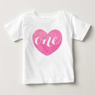 1st Birthday Pink Glitter Heart-Print Personalized Baby T-Shirt