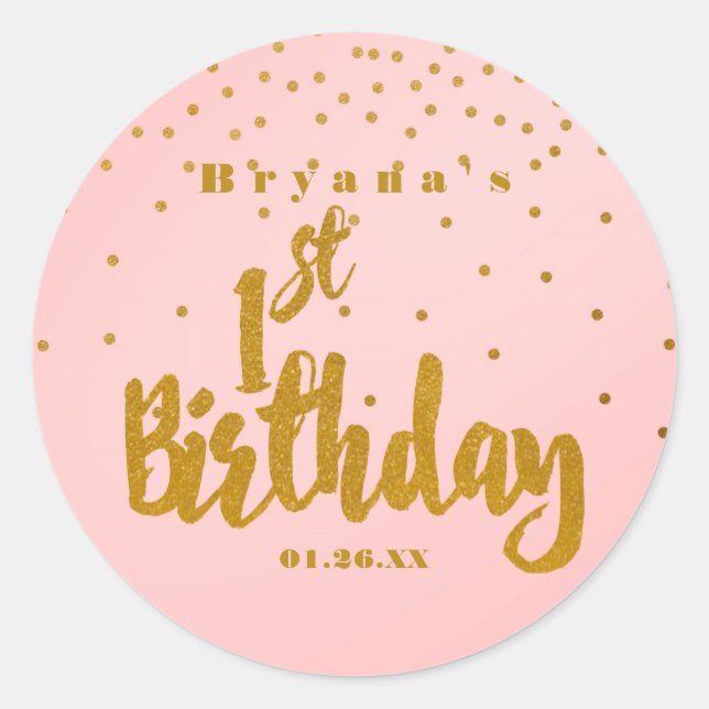1st Birthday Pink & Gold Foil Confetti Stickers (Front)