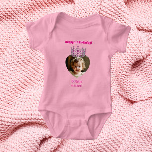 1st Birthday pink name photo tiara baby girl Bodysuit