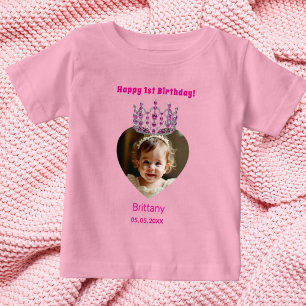 1st Birthday pink name photo tiara baby girl T-Shirt