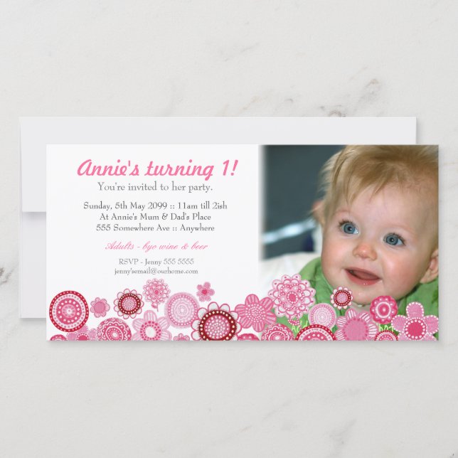 1st Birthday Pink Party Invitation Photo Card (Front)