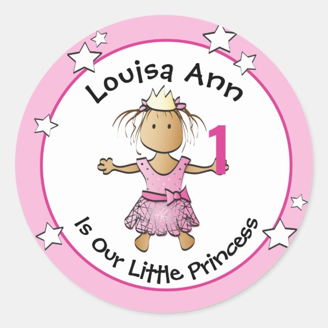 1st Birthday Pink Princess Cartoon Ethnic Girl Classic Round Sticker (Front)