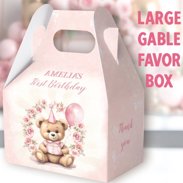 1st Birthday Pink Roses Cute Bear Large Gable Favor Box (Bear Roses Large Gable Favor Boxes - You can choose from 3 sizes of these gable favor boxes)