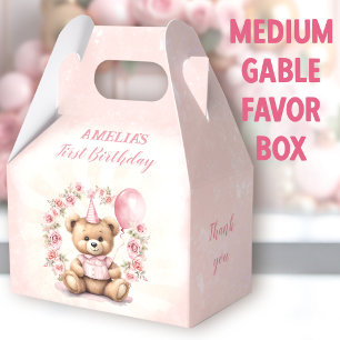 1st Birthday Pink Roses Cute Bear Medium Gable Favor Box