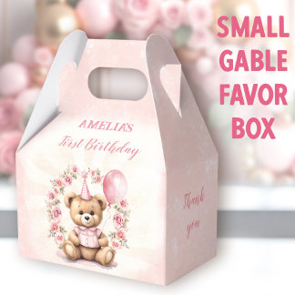 1st Birthday Pink Roses Cute Teddy Bear Favor Box