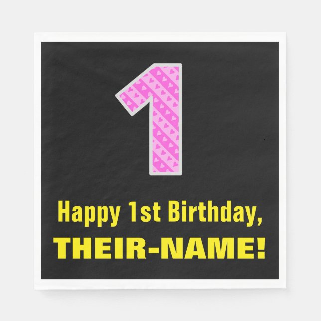 1st Birthday: Pink Stripes and Hearts "1" + Name Napkin (Front)