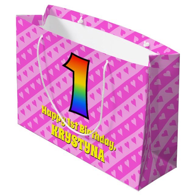 1st Birthday: Pink Stripes & Hearts, Rainbow # 1 Large Gift Bag (Back Angled)