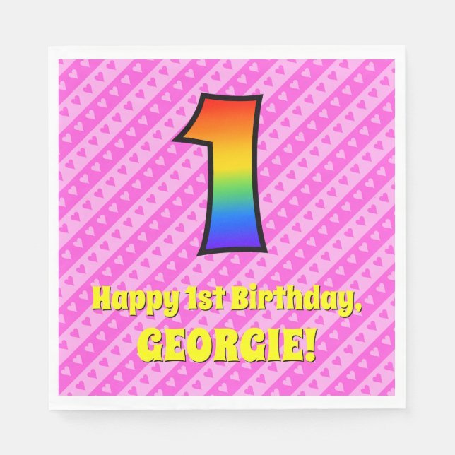1st Birthday: Pink Stripes & Hearts, Rainbow # 1 Napkin (Front)