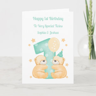 1st Birthday Polka Dot Teddies Twin Birthday Card