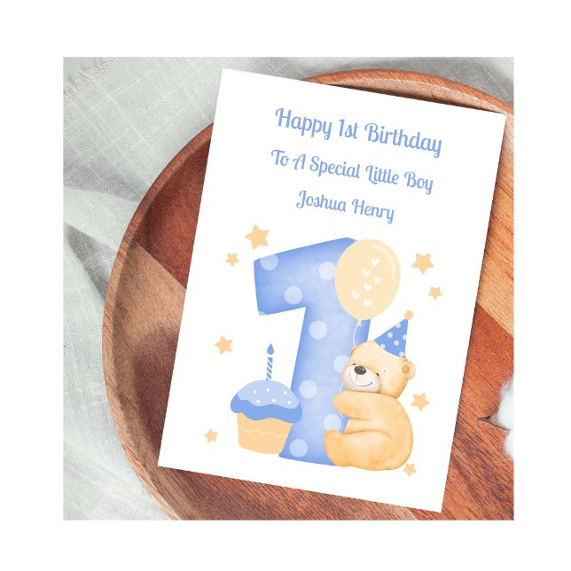 1st Birthday Polka Dot Teddy Birthday Boy Card (Creator Uploaded)