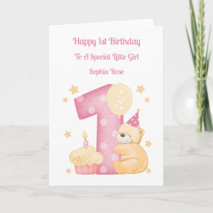 1st Birthday Polka Dot Teddy Birthday Girl Card