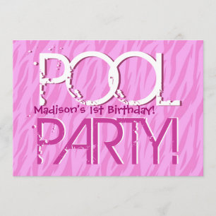 1st Birthday Pool Party Pink Zebra Waves Template