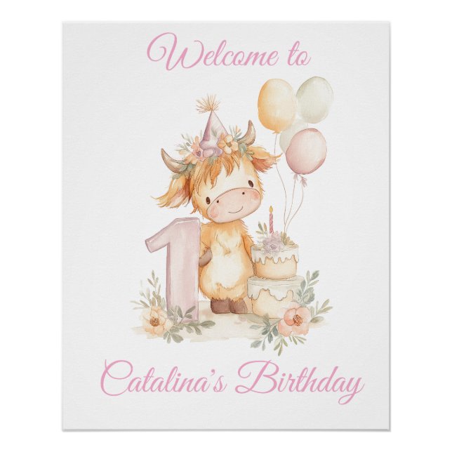 1st Birthday Poster Sign Highland Cow (Front)