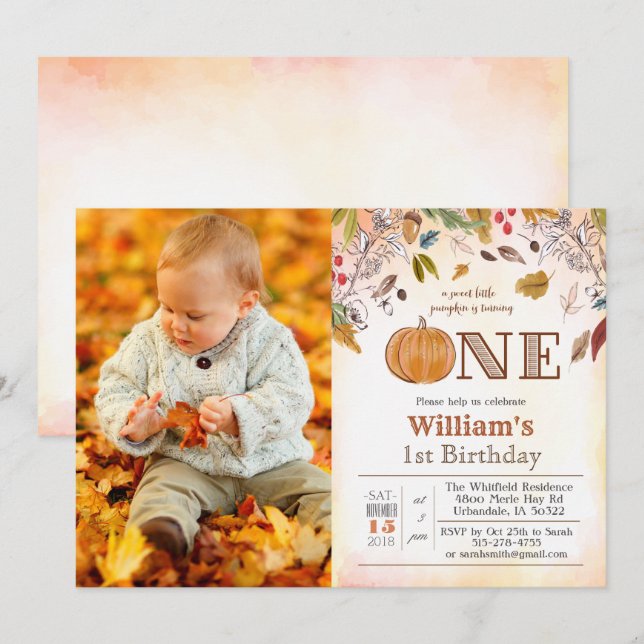1st Birthday Pumpkin Rustic Leaves Invitation (Front/Back)