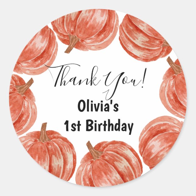 1st Birthday Pumpkin Thank You Fall  Classic Round Sticker (Front)