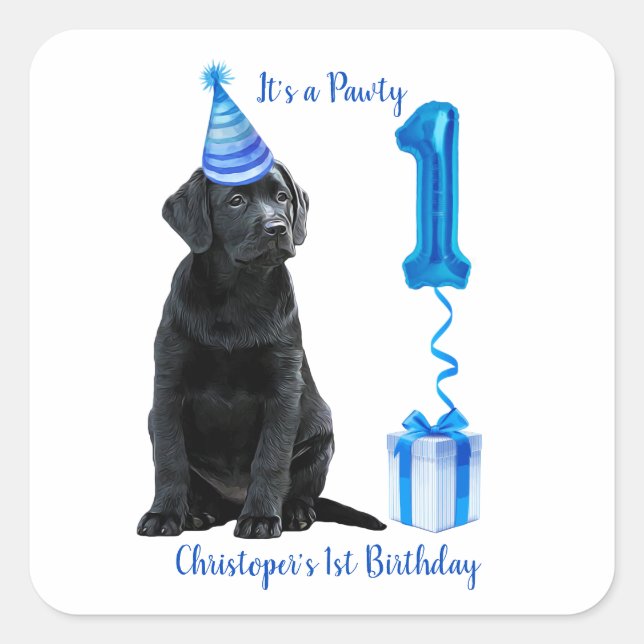 1st Birthday Puppy Theme- Cute Dog Blue Boy Pawty Square Sticker (Front)