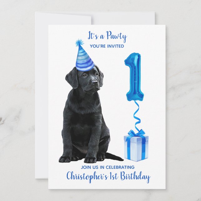 1st Birthday Puppy Theme Pawty- Cute Dog Blue Boy Invitation (Front)