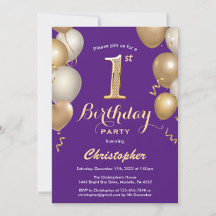 1st Birthday Purple and Gold Balloons Confetti Invitation