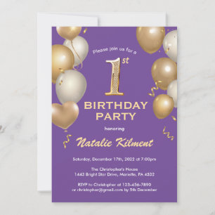1st Birthday Purple and Gold Glitter Balloons Invitation