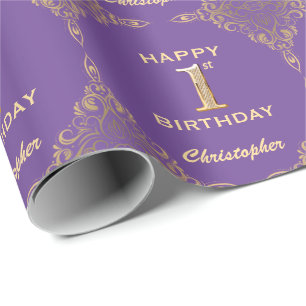 1st Birthday Purple and Gold Glitter Frame Wrapping Paper