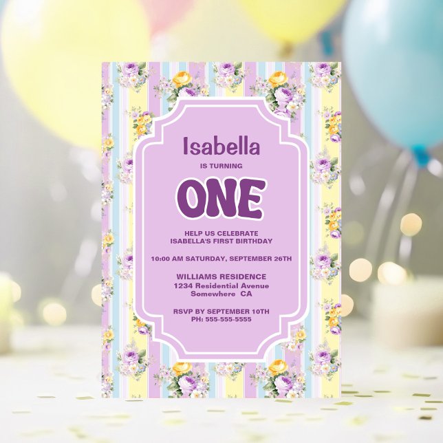 1st Birthday Purple Floral Striped Party Invitation (Creator Uploaded)