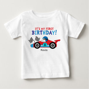 1st Birthday Race Car Red and Blue Baby T-Shirt