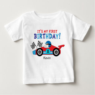 1st Birthday Race Car Red and Blue Baby T-Shirt