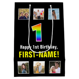 1st Birthday: Rainbow “1“, Custom Photos & Name Medium Gift Bag
