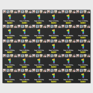 1st Birthday: Rainbow “1“; Custom Photos & Name Wrapping Paper