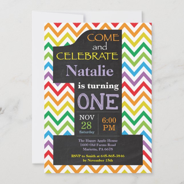 1st Birthday Rainbow Chalkboard Invitation (Front)