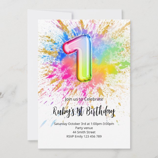 1st Birthday Rainbow Paint Splash Invitation (Front)