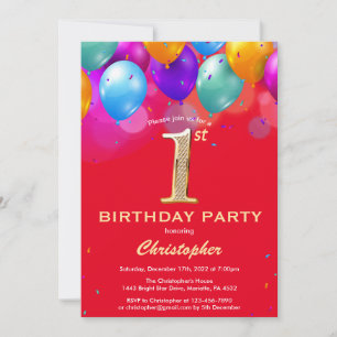 1st Birthday Red and Gold Colourful Balloons Invitation