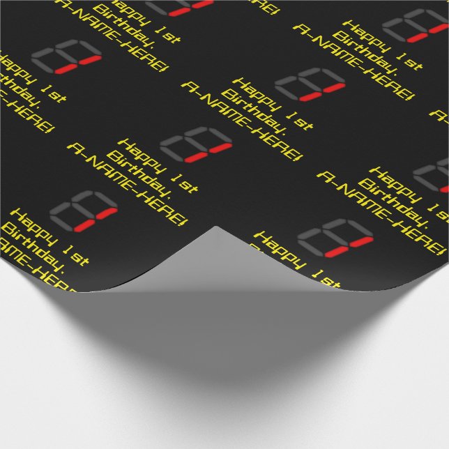 1st Birthday: Red Digital Clock Style "1" + Name Wrapping Paper (Corner)