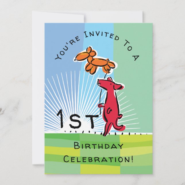 1st Birthday Red Dog with Doggie Balloon Party Invitation (Front)