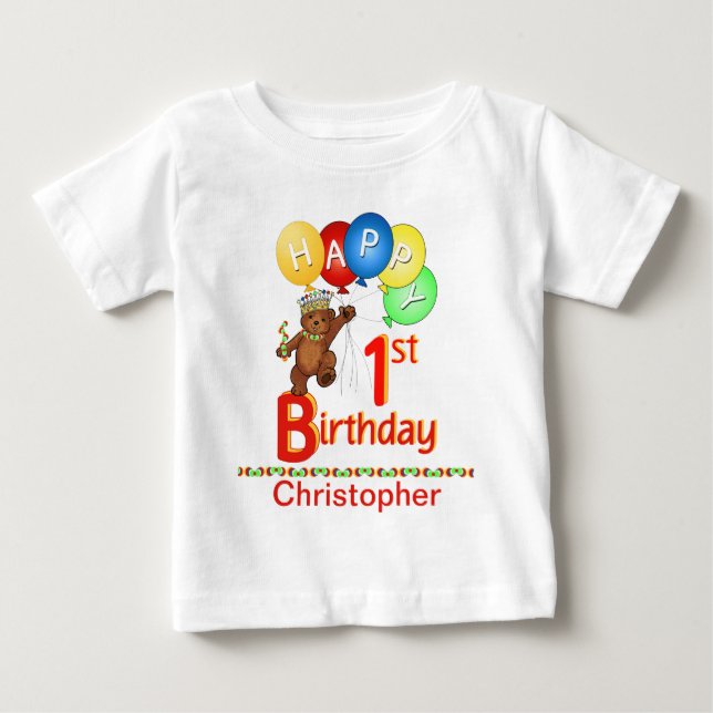 1st Birthday Regal Teddy Bear Custom Name Baby T-Shirt (Front)