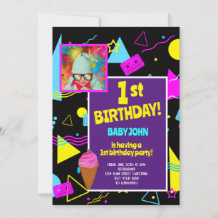 1st Birthday Retro Colourful Kids Party Celebratio Invitation