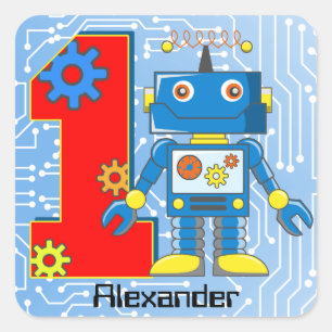 1st Birthday Robot Custom Square Sticker
