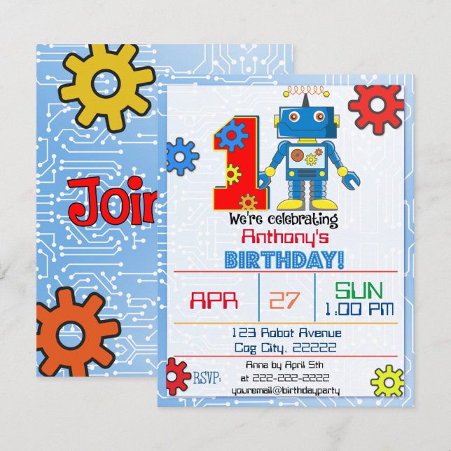 1st Birthday Robot Invitation (Front/Back)