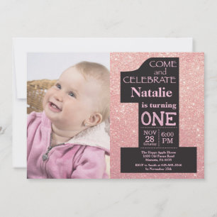 1st Birthday Rose Gold Glitter and Pink Photo Invitation