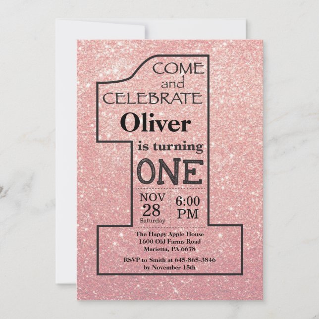 1st Birthday Rose Gold Pink Glitter Invitation (Front)