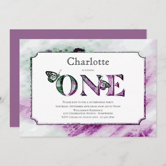 1st Birthday Rustic Purple Green Party Invitation (Front/Back)