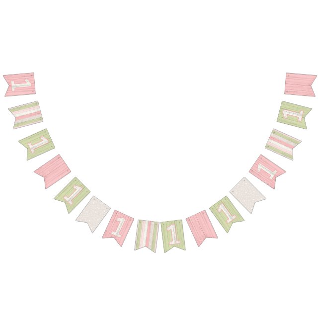 1st Birthday Rustic Sage Green & Pink Floral Wood Bunting Flags (All)