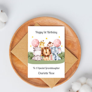 1st Birthday Safari Leaf Animals Card