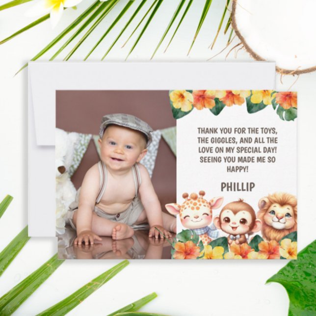 1st Birthday Safari Lion Giraffe Monkey Photo Thank You Card (Cute safari/Wild One 1st birthday photo thank you card.)