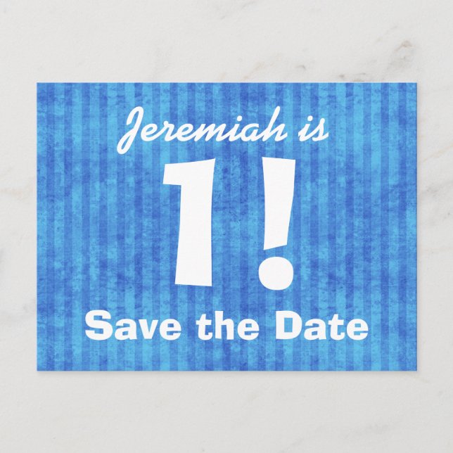 1st Birthday Save the Date Blue White for BOY B4E1 Announcement Postcard (Front)